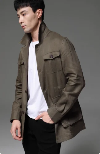 

100 Linen Solid Color American Hunting Jacket Men's Top