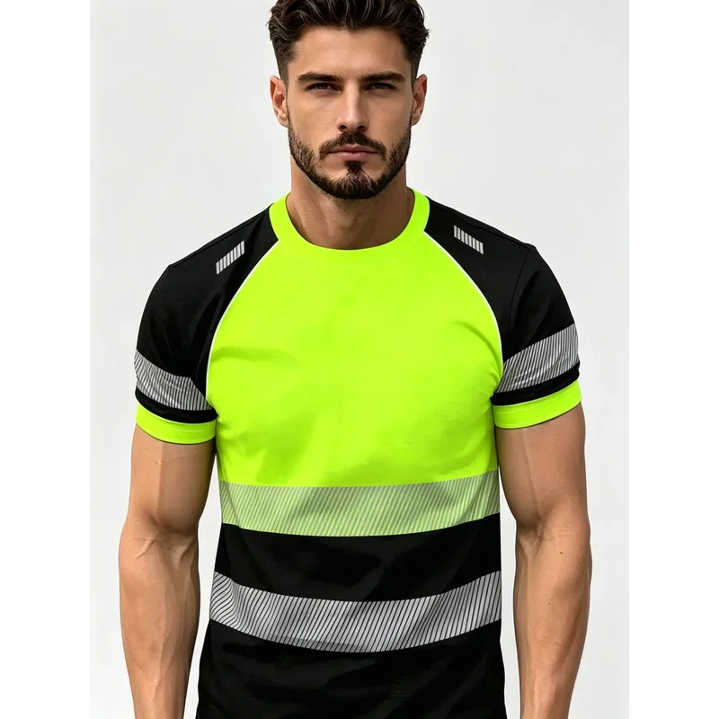Premium Summer Mens Color Block Green Black Short Sleeve T Shirt Soft Breathable Stretchy Crew Neck Top Ideal For Outdoor Workin