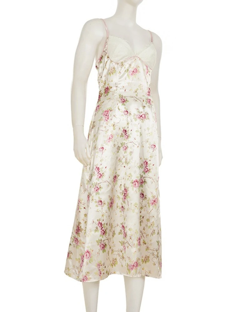 SsTss フレンチ ストリート スタイル V ネック レース サテン スリップ ドレス 女性 花柄 A ライン マキシ ドレス 調節可能なストラップ付き 夏休み用