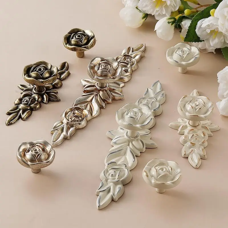 1Pcs Vintage Rose Shaped Zinc Alloy European-style Paint Cabinet Wardrobe Handle Kitchen Furniture Hardware Handle