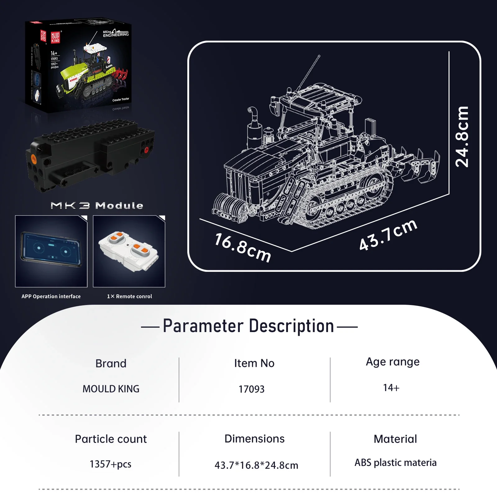

Mould King 17093 Crawler Tractor Building Blocks Engineering Vehicle Model APP Remoe Control Power Drive Puzzle Toy Holiday Gift