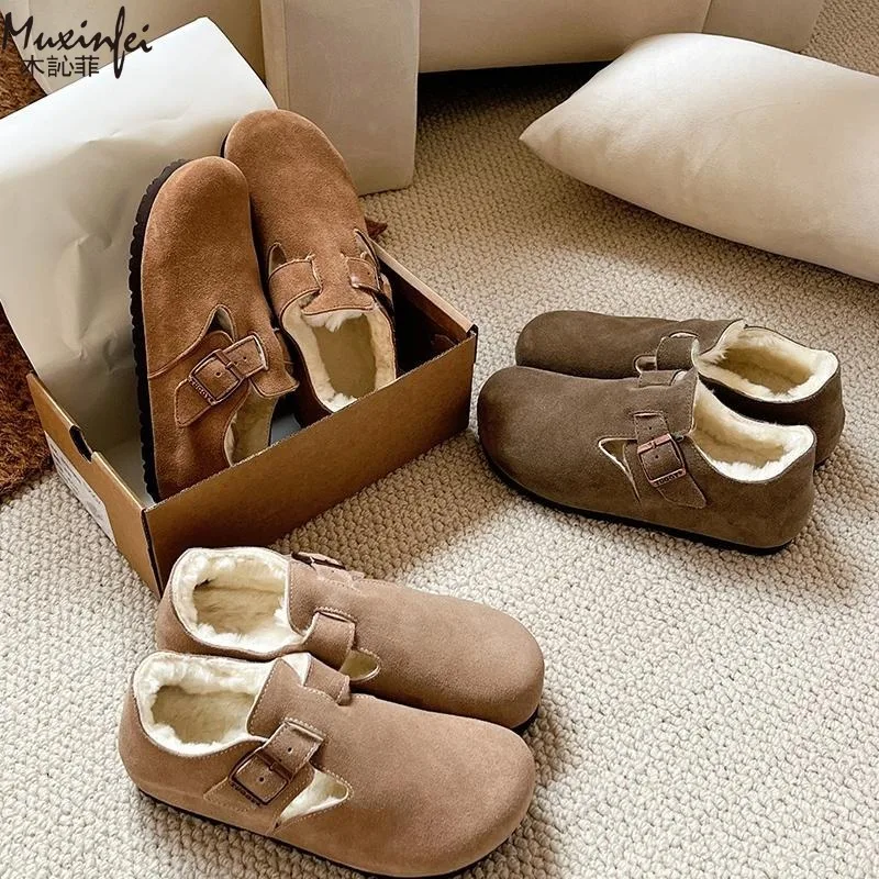 

Winter Women's Casual Shoes Velvet Flat Bottom Fully and Half Wrapped Lazy Genuine Leather Shoes Slippers Women's Outdoor Wear