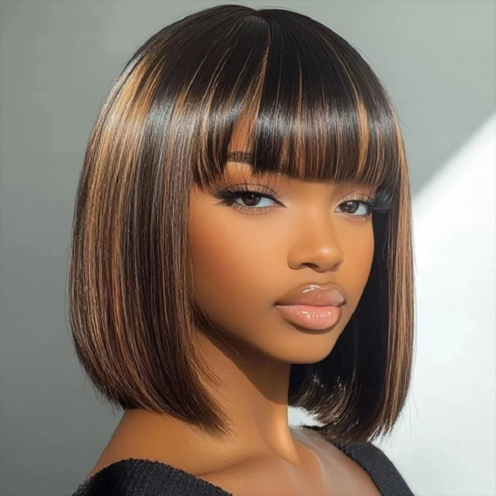 

12 Inch Short Straight Bob Human Hair Wig 1B/30 Highlight Wigs Human Hair 200 Density 2X1 Lace Front Wigs With Bangs For Women