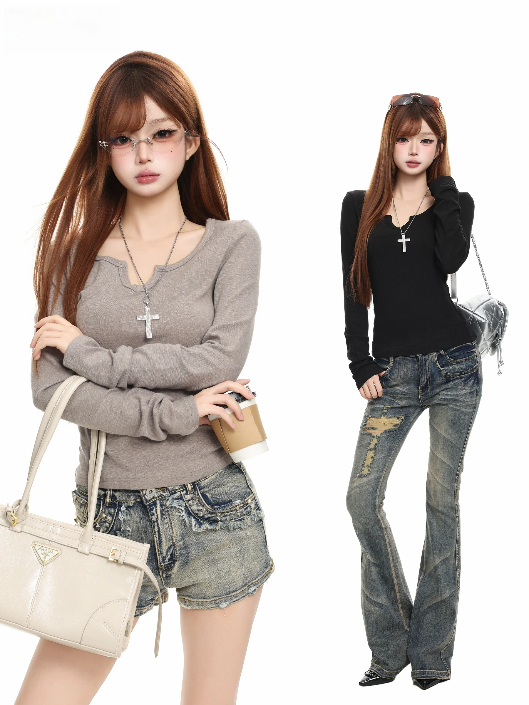 Slim Fit Long Sleeve V-Neck T-Shirt Women's Style BASTERDS American Hot Girl Shoulder Length Autumn Base Shirt Top