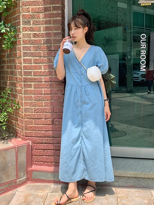 루즈핏 A라인 롱 데님 원피스 여성용 버블 소매 V넥 워싱 슬리밍 부드러운 싱글 버튼 스플릿 코튼 봄 가을