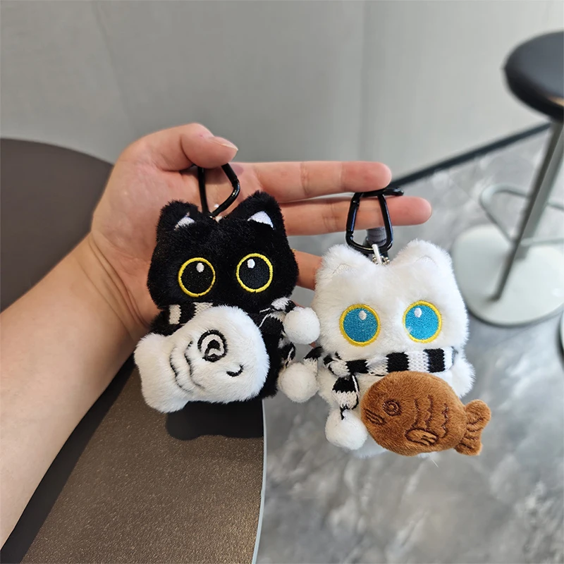 Plush Black White Cat Keychain Toy with Squeak; Kawaii Bag Charms & Car Keyring Accessories; Perfect Gift for Couples