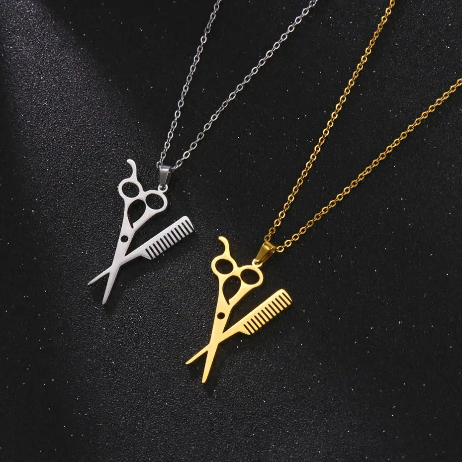 Lemegeton Stainless Steel Scissor Pendant Necklace for Women Hairdresser Stylist Scissors Comb Necklaces Punk Jewelry Gifts