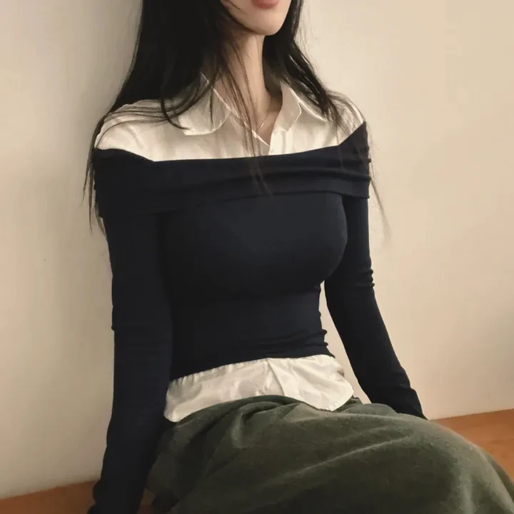 Faionable One-oulder Splice irt Korean Sle Spring Autumn Winter Women's Inner Wear Casual Regular Fit Street Sle