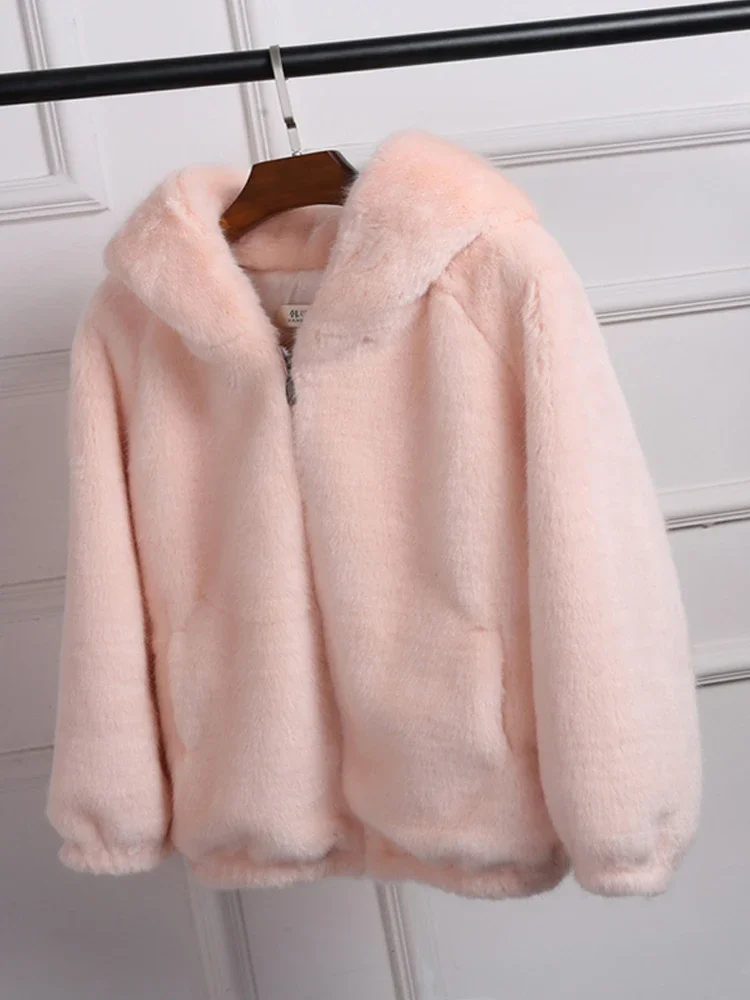 

2023 New Women's Winter Coat Female Mink Cashmere Warm Jacket Loose Plush Hooded Thick Coat Teddy Jacket Artificial Fur Overcoat
