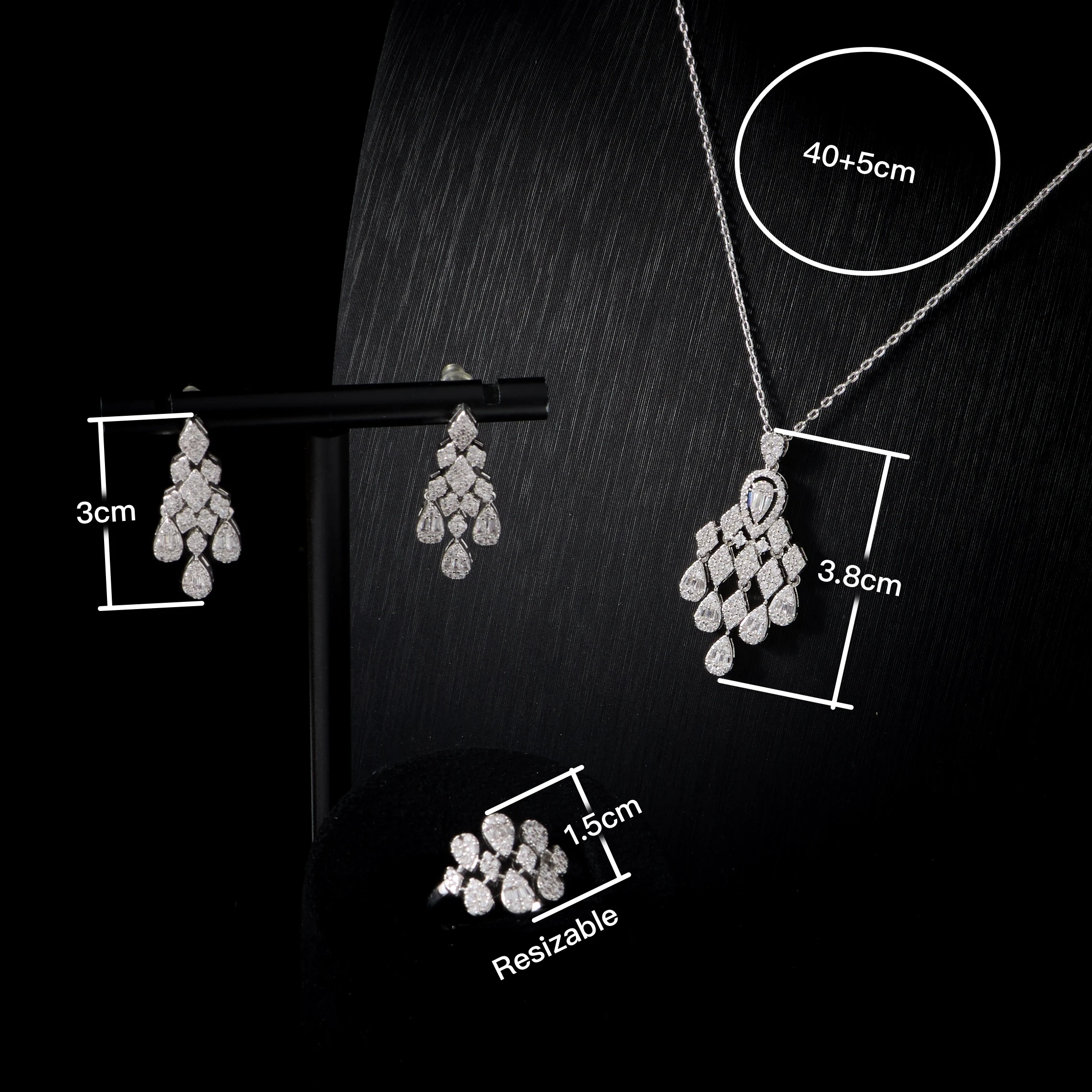 IN JEWELIFE Elegant 3Pcs Cubic Zirconia Jewelry Set for Women Dangle Drop Earrings Pendant Necklace Ring Bridal Wedding Engagem
