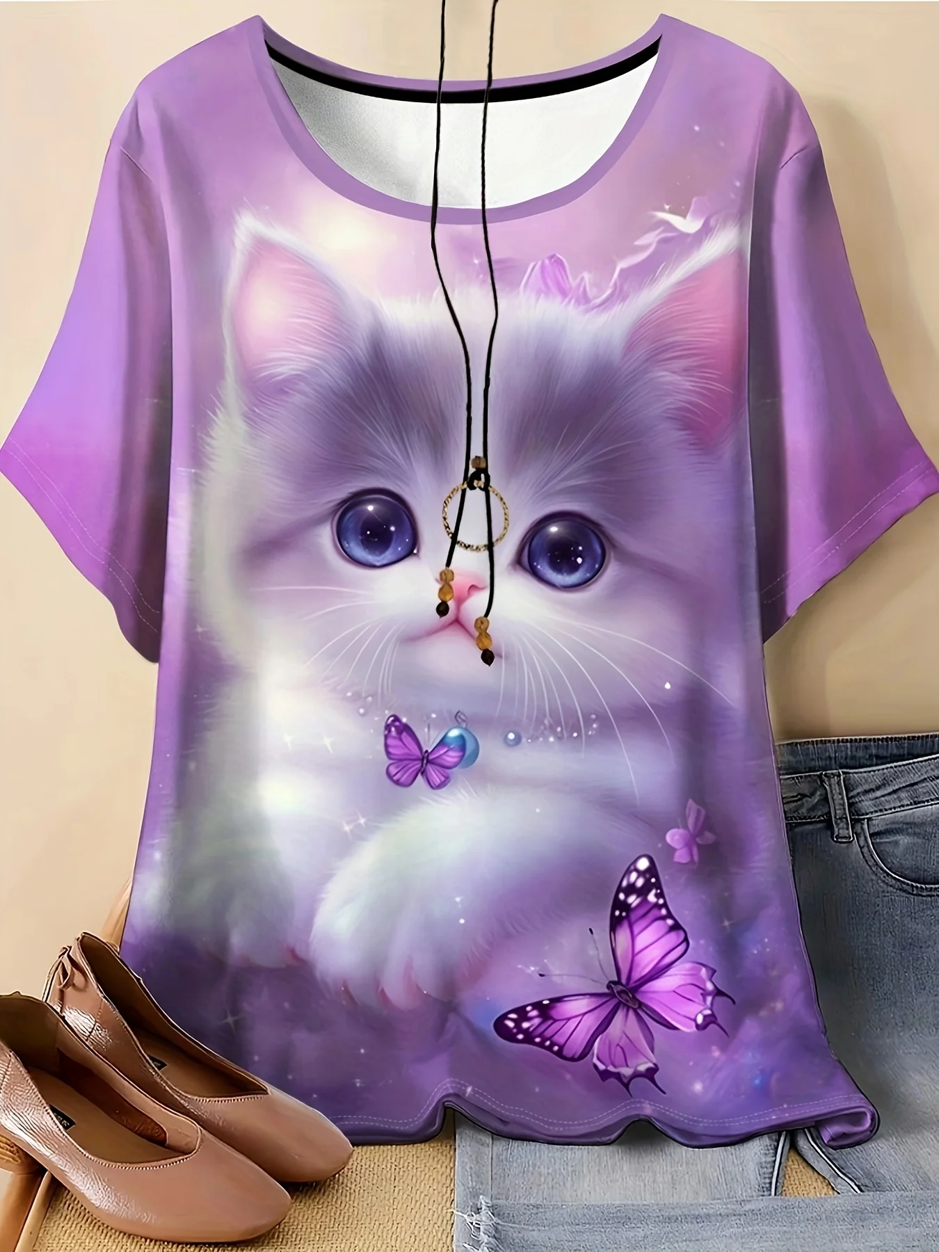 Women Round Neck Short Sleeve T‑shirt Cute Purple Kitten Butterfly Dreamy Gradient Print Loose Casual Tee Top Women's Clothes