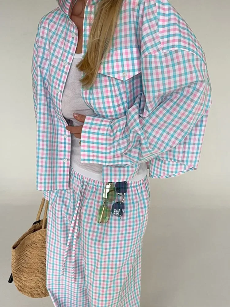 

Новинка 2026, клетчатая рубашка и брюки, женские однобортные блузки с лацканами и длинными рукавами, свободные длинные брюки, шикарные женские комплекты из двух предметов