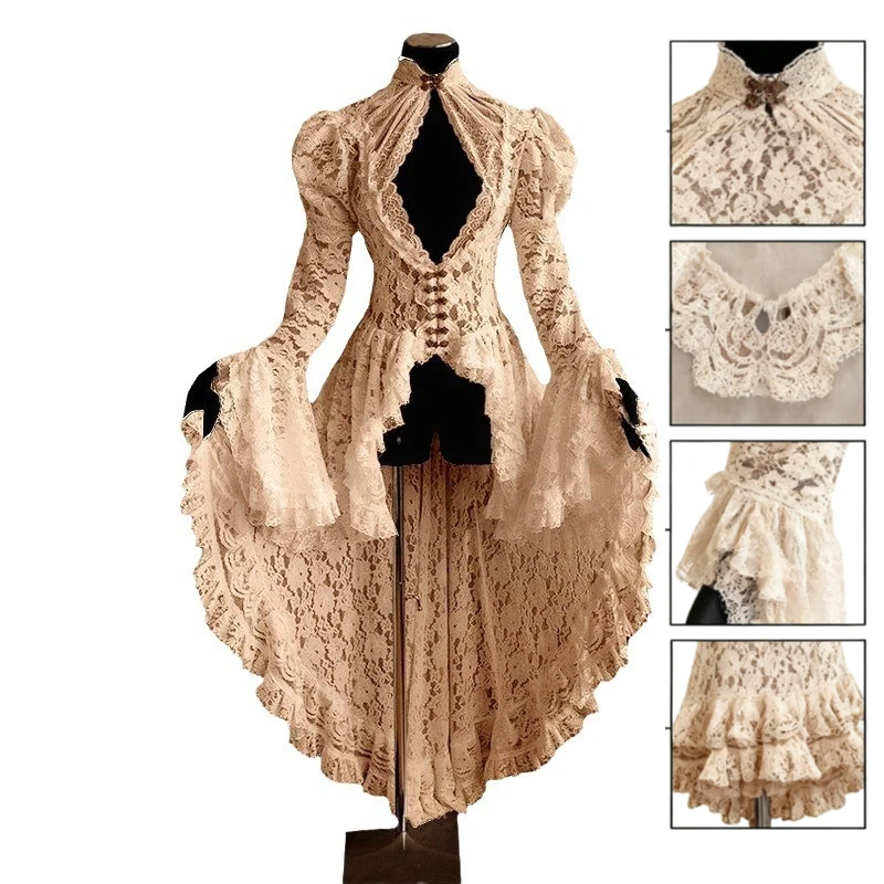 Vintage Gothic Lace High Low Dress Elegant Bell Sleeve Ruffled Dress with Stand Collar for Cosplay Halloween & Formal Occasions