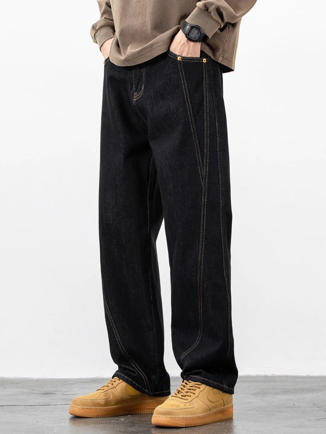 

Black Casual Straight Leg Men's Jeans Fall Season American Style Versatile Loose Fit Long Pants Breathable Denim Pants
