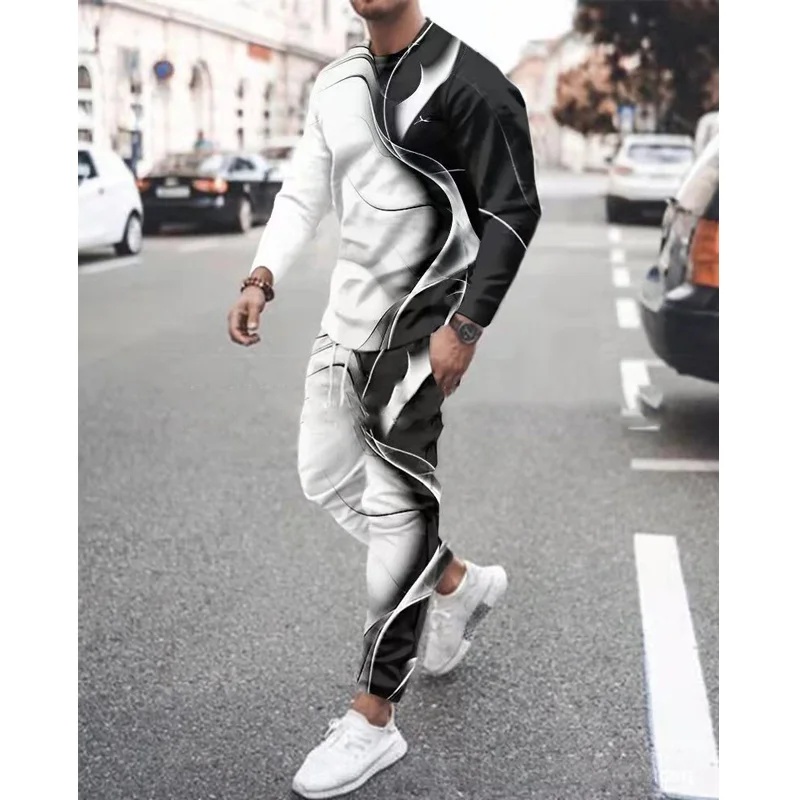 Spring Autumn Men\'s Tracksuits Tshirt Set Print Long Sleeve Outfits Streetwear Casual Clothing Male Oversized Pants 2 Piece Suit