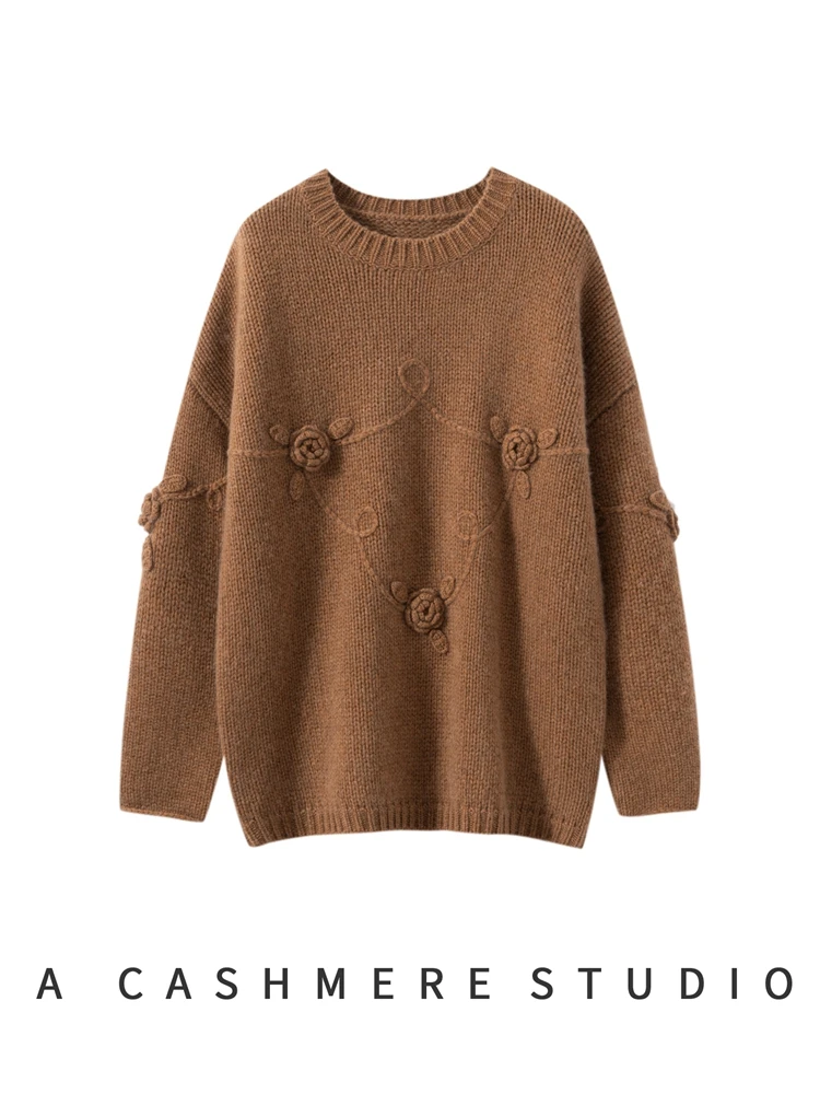 TLOML 여성 100% 캐시미어 스웨터 가을 겨울 오-넥 자수 두꺼운 루즈 풀오버 고품질 캐시미어 니트웨어 세련된 탑