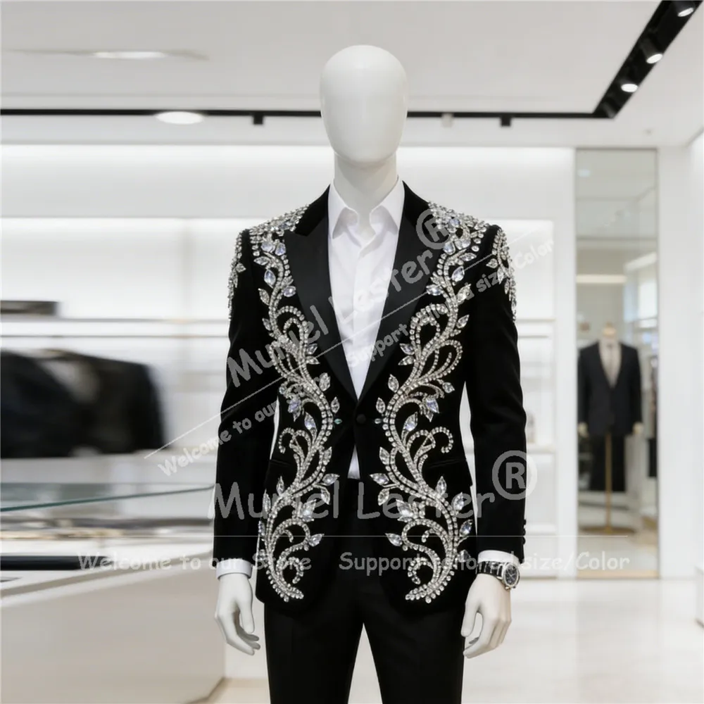 

Бархатные пиджаки для выпускного вечера с декоративными камнями, индивидуальный пошив, однобортный пиджак для выпускного, индивидуальный пошив, комплект из 2 предметов, смокинг для жениха, мужские костюмы