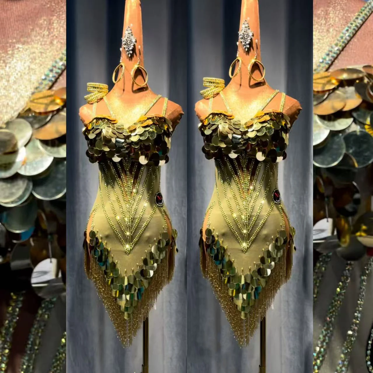 

Костюм для латинских танцев AB Stone для женщин, взрослых и детей, элитное черное платье для самбы в бассейне золотого цвета с бахромой и блестками на заказ