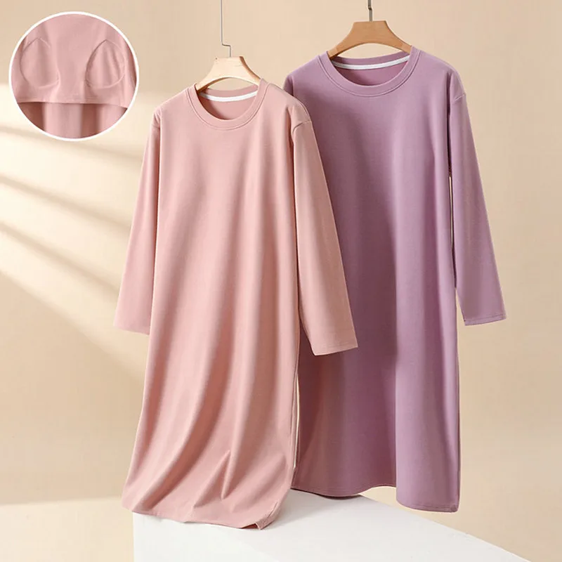 

Thicken De Velvet Warm Women's Nightgown Loose Autumn Winter Sleepwear Pajamas Dress Woman Fleece Hot Chest Pad Sleep Shirts