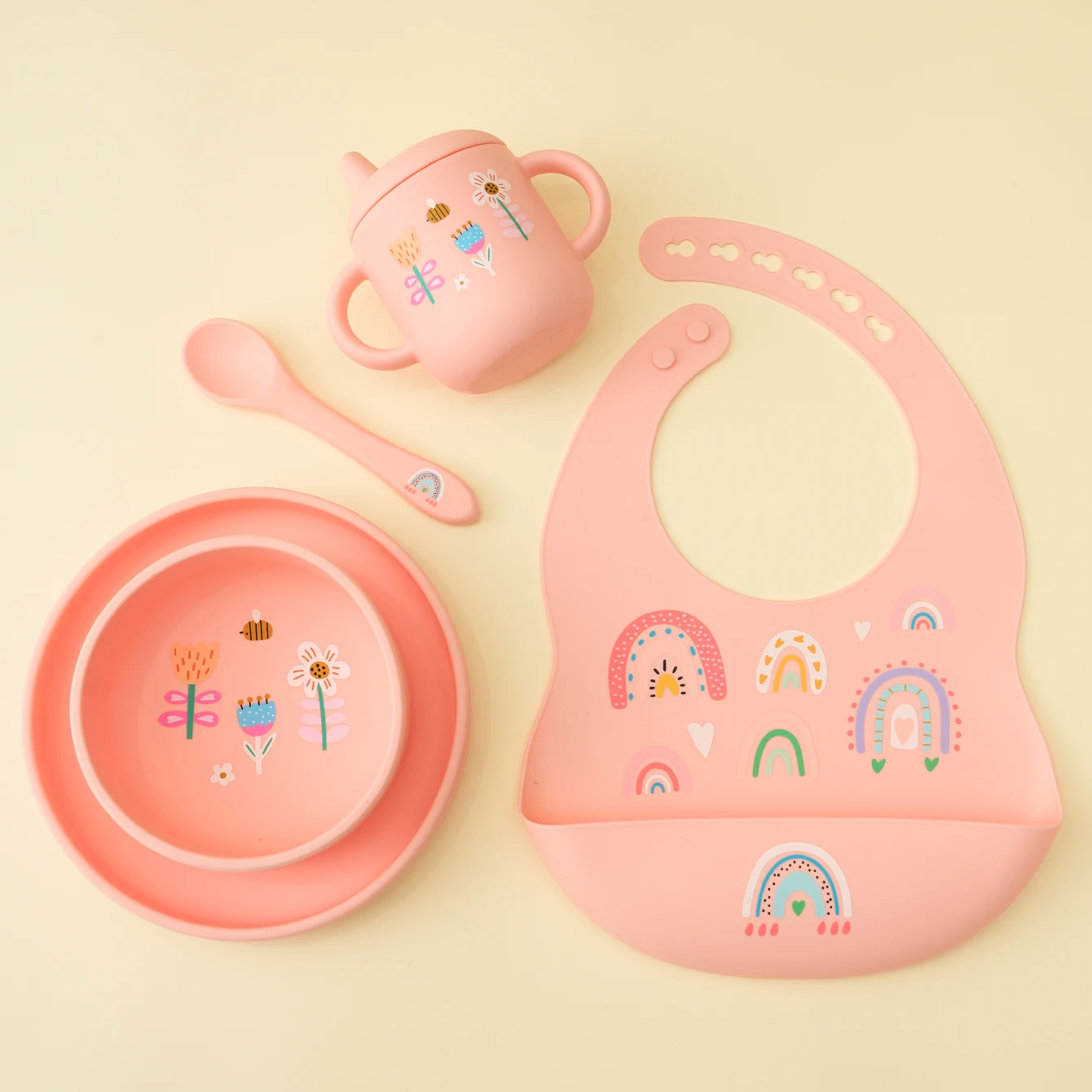 

5PCS Silicone Baby Feeding Set Cartoon Pattern Dishes Plate Waterproof Bib Learning Cup BPA Free Bowl Spoon Children's Tableware