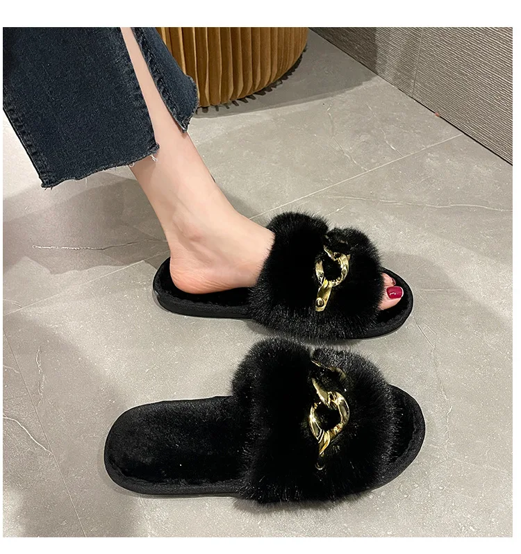 Herbst/winter Metall Kette Woolen Baumwolle Hausschuhe Mode Warme frauen Große Pelz Flache Ferse Gerade Hausschuhe Hause Baumwolle pantoffel – Detail 2
