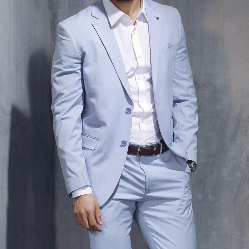 Spring Sky Blue Elegant Men Suit Smart Casual Slim Fit Blazers Hombre High Quality Custom 2 Piece Set Jacket Pant Costume Homme