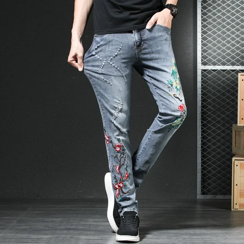 Crane Mens Bird Floral Embroidery Stretch Jeans High Quality Man Casual Skinny Denim Trousers Flower Ripped Hole Pants