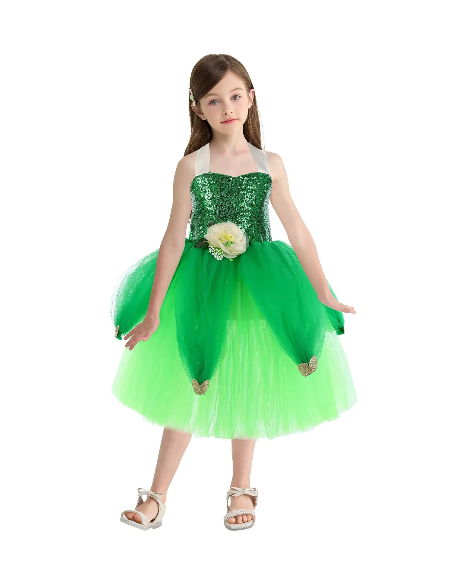 Green Fairy Tutu Dress Floral Layered Cake Skirt Party Mesh Gown Elegant Fluffy Tulle Outfit Banquet & Stage Performance Attire