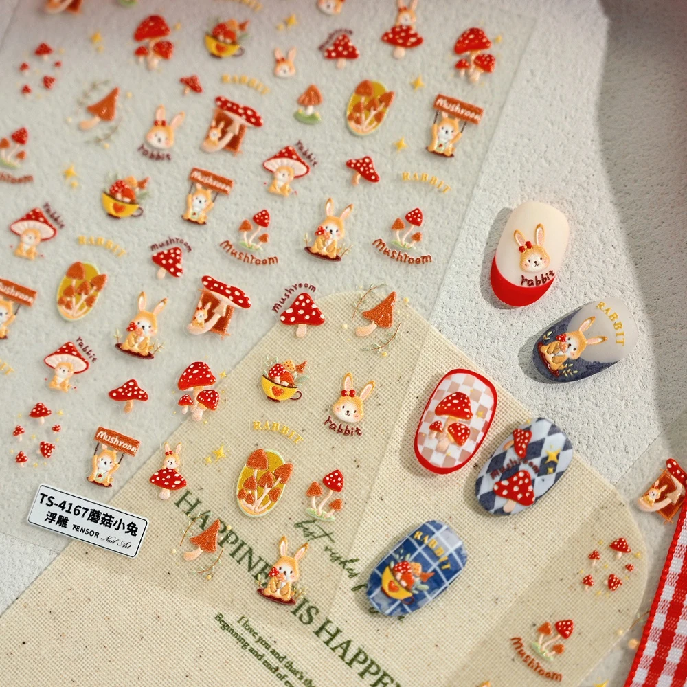 Bellissimo cartone animato fungo coniglio autunno 5D in rilievo autoadesivo adesivi per nail art simpatico coniglietto pigna foglia d'acero decalcomanie per manicure