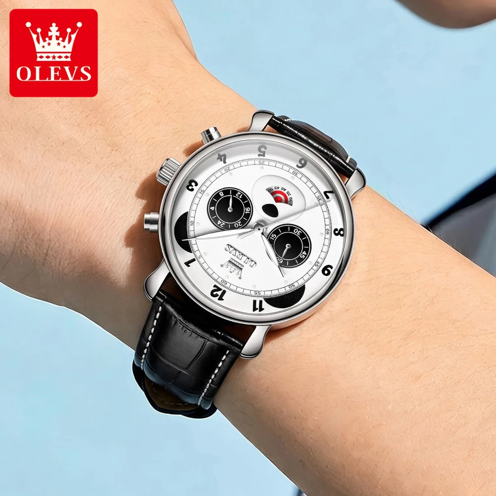 OLEVS 3753 Fashion Men's Quartz Watch Leather Strap Panda Eye Dial Chronograph Waterproof Luminous Wristwatch for Men