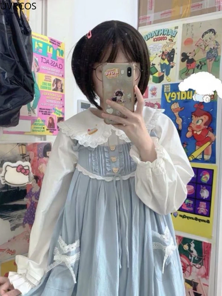 Kawaii White Lolita Blouses Women Sweet Cute Cartoon Bear Embroidery Shirts Harajuku Puff Long Sleeve Tops Korean Style Clothes