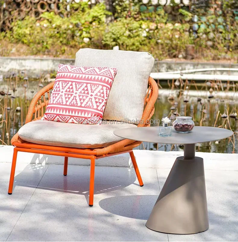 

Furniture Garden Balcony lounge Chair Set Rattan Wicker Weave Compact Sofa orange waterproof cushion Aluminum sofa couch