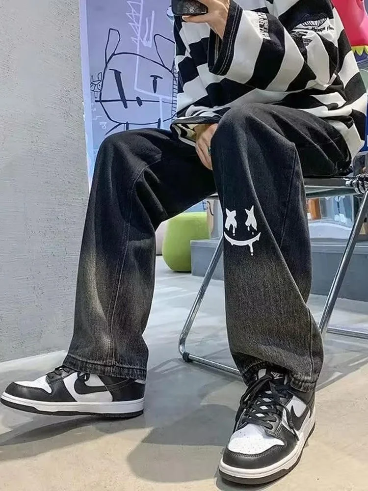 

Мужские джинсы свободного кроя с прямыми штанинами, средней посадкой, двухцветные, повседневные, в стиле High Street, широкие брюки, удобные, с эластичным поясом