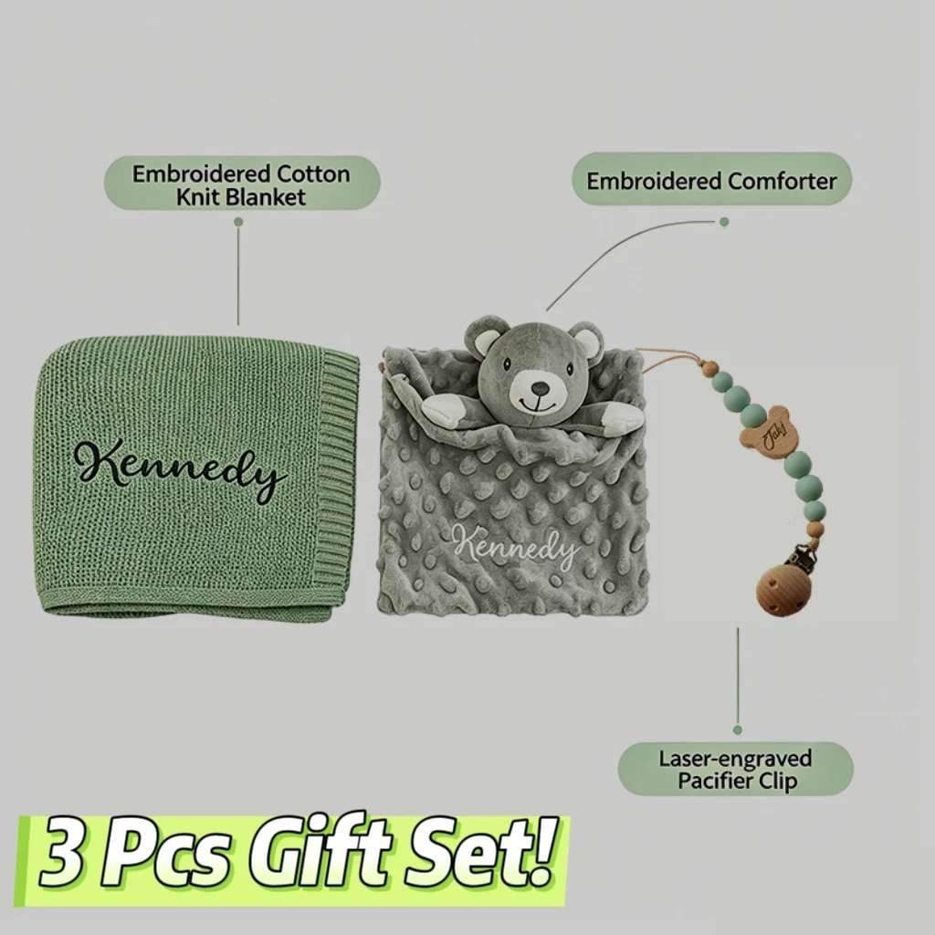 3Pcs Personalized Embroidered Baby Shower Gift Set Cotton Knit Swaddle Blanket Minky Lovey Wooden Pacifier Clip Keepsake view 4