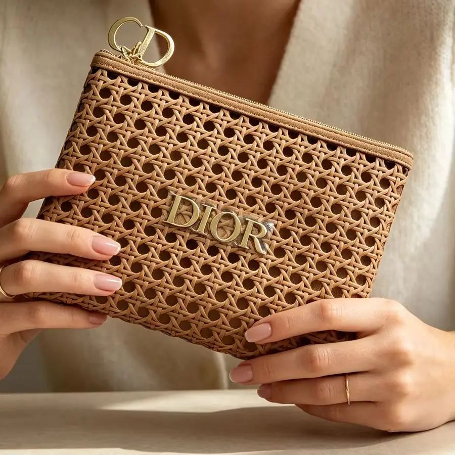 DIOR bag Womens Rattan Weave Cosmetic Bag Portable High Quality Zipper Makeup Pouch Holiday Gift Storage Handbag With Metal Logo view 4
