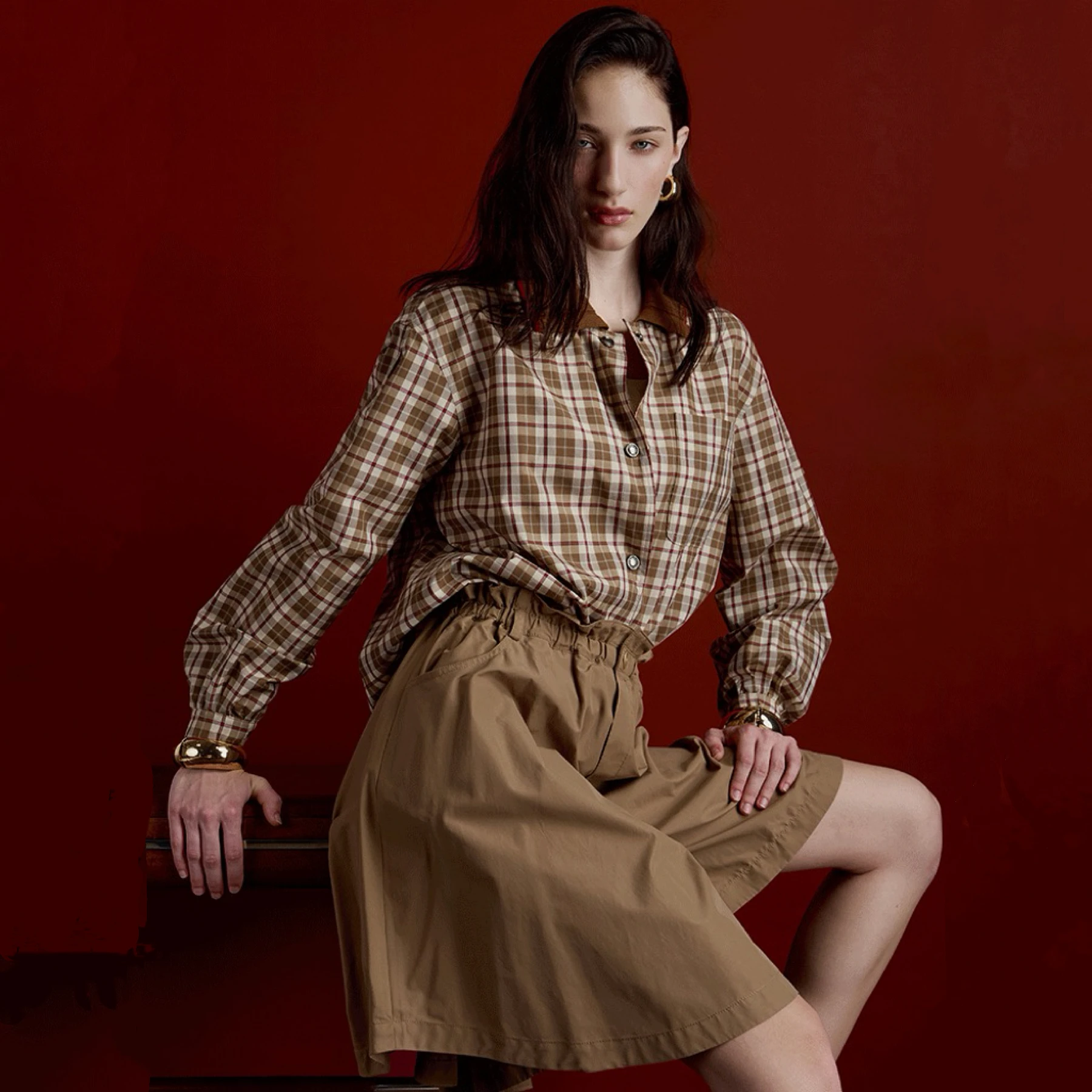 

Lemon Cheese LAN * 25 Autumn Faion Retro Color Blo Вязаное клетчатое пальто из чистого хлопка Длинное пальто с отложным воротником