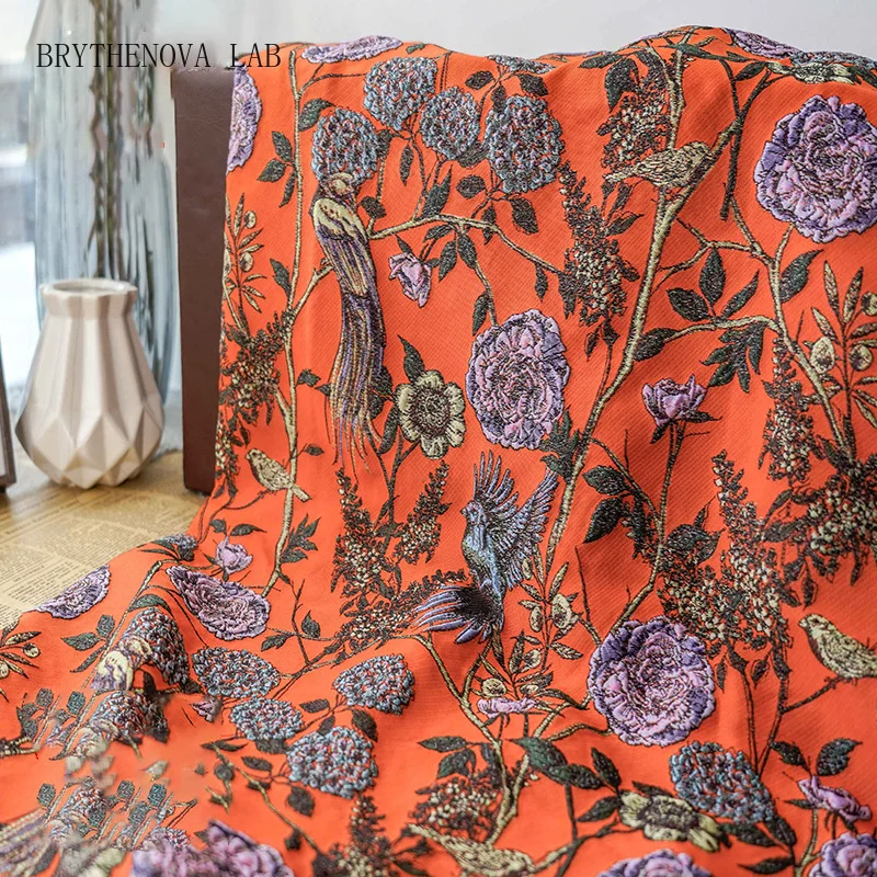 Bright Orange Flower and Bird Yarn Dyed Jacquard Fabric Oil Painting Women's Style Floral Dress Sewing Fabric 45cmx140cm
