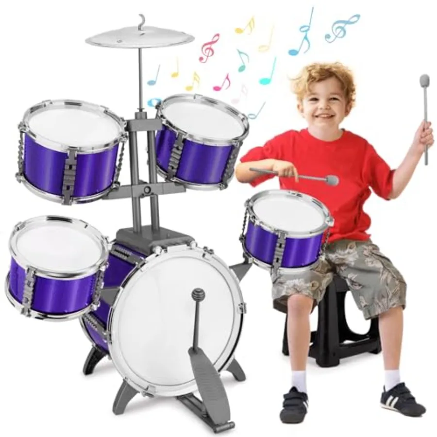 

Jazz Drum Set Rock Kit Toys for 3-7 Year Olds - 5 Piece Toddler Band Musical Instrument Educational Percussion Birthday Playset