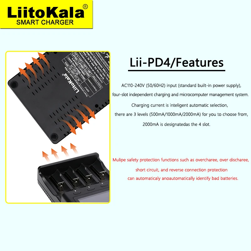LiitoKala Lii-PD2 Lii-PD4 +car 1.2V 3.7V 3.2V 3.85V A/AAA 18650 18350 26650 10440 14500 16340 NiMH battery smart charger image 6