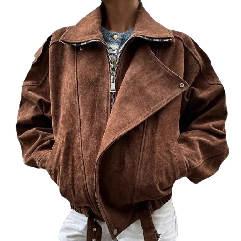 2025年春秋 レディース クロップド オーバーサイズ ジャケット レトロ マルレッド ブラウン カジュアル ルーズフィット コート ヴィンテージ ユーティリティスタイル