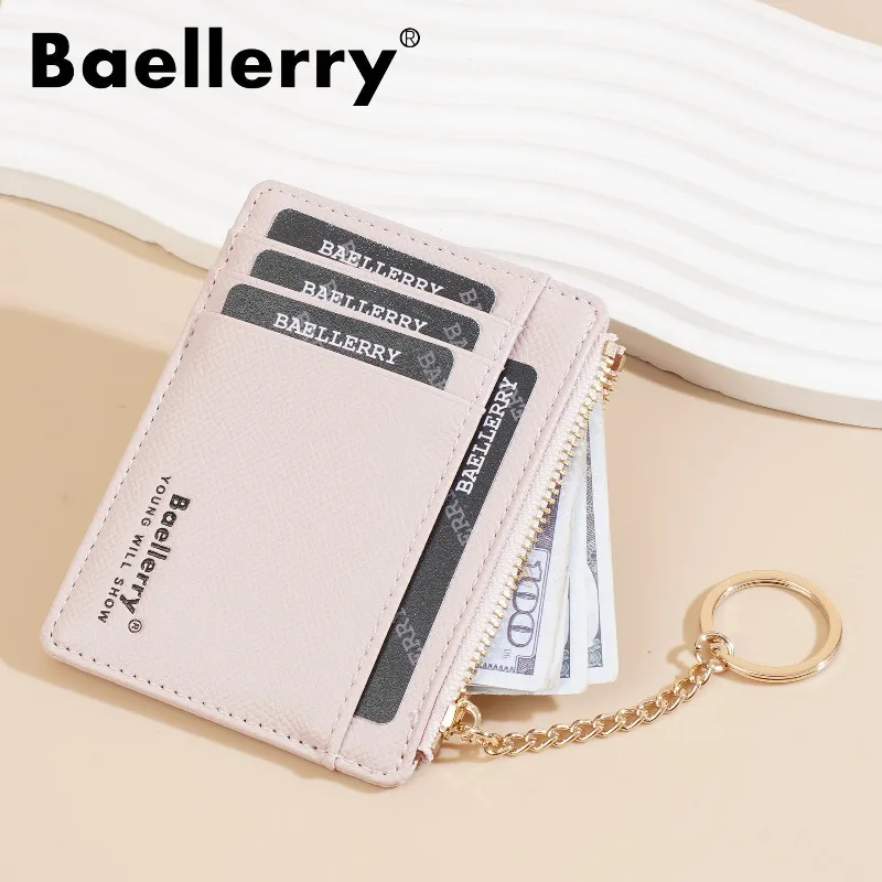 Baellerry Men Women's Card Holder Multiple Card Slots Zippered Coin Pocket with Keychain Lanyard Multi Color Portable Coin Purse