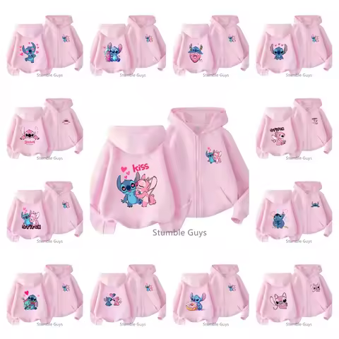 Fashion Kawaii Stitch Clothes Girls Pink Zipper Hoodie Kids Teen Stich Long Sleeve Sonic Pokemoned Narutoes Casual Trucksuit