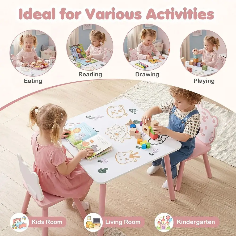 3 PCS Wood Kids Table and Chairs with Animal s (White+Pink) | Todder Desk Set w/ Rounded s or Eating, Playing, Ding, Children ur