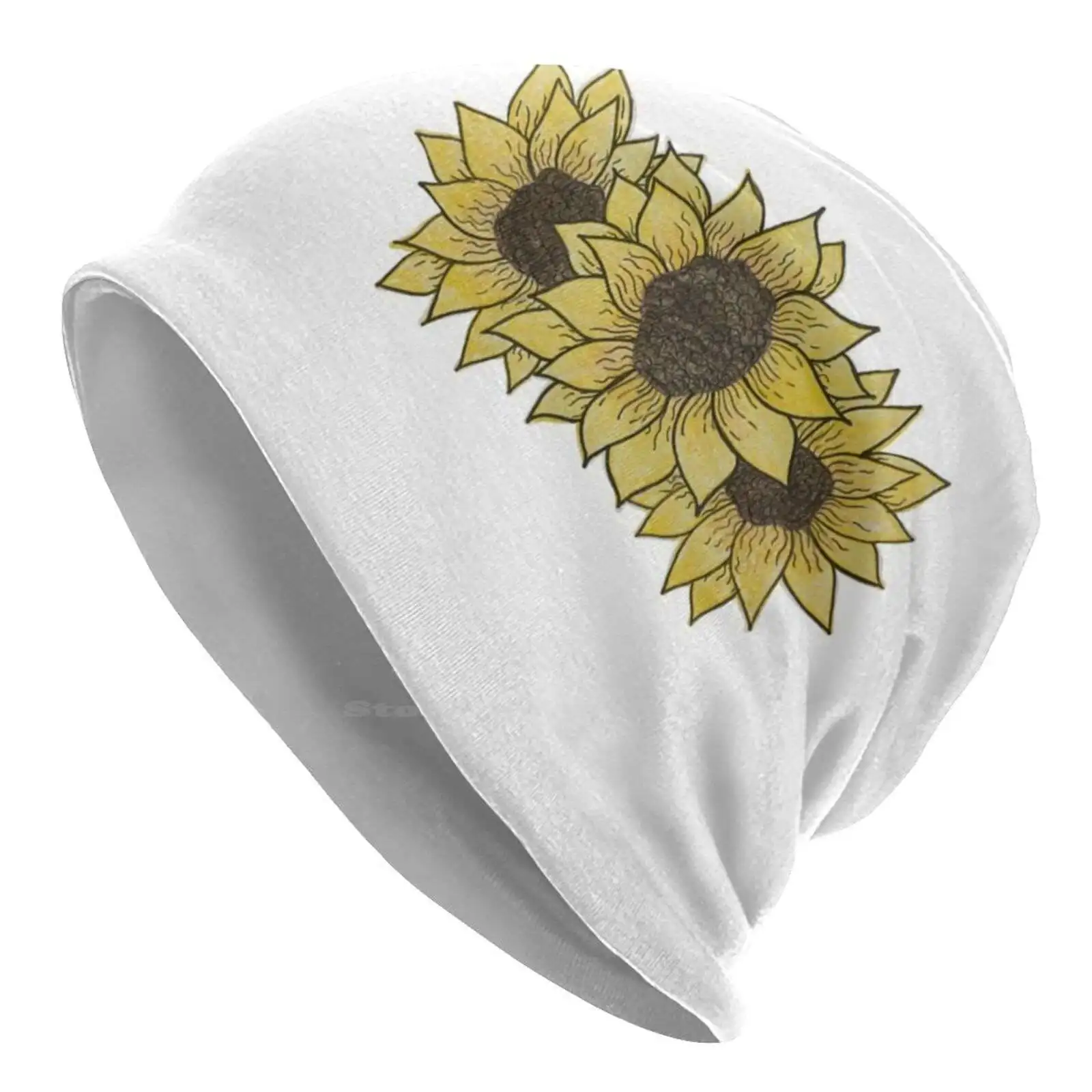 Three Sunflowers Knitted Hat Warm Beanie Outdoor Caps Brown Sketch Three Lines Colored Pencil Sunflowers Sunflower Seeds Yellow