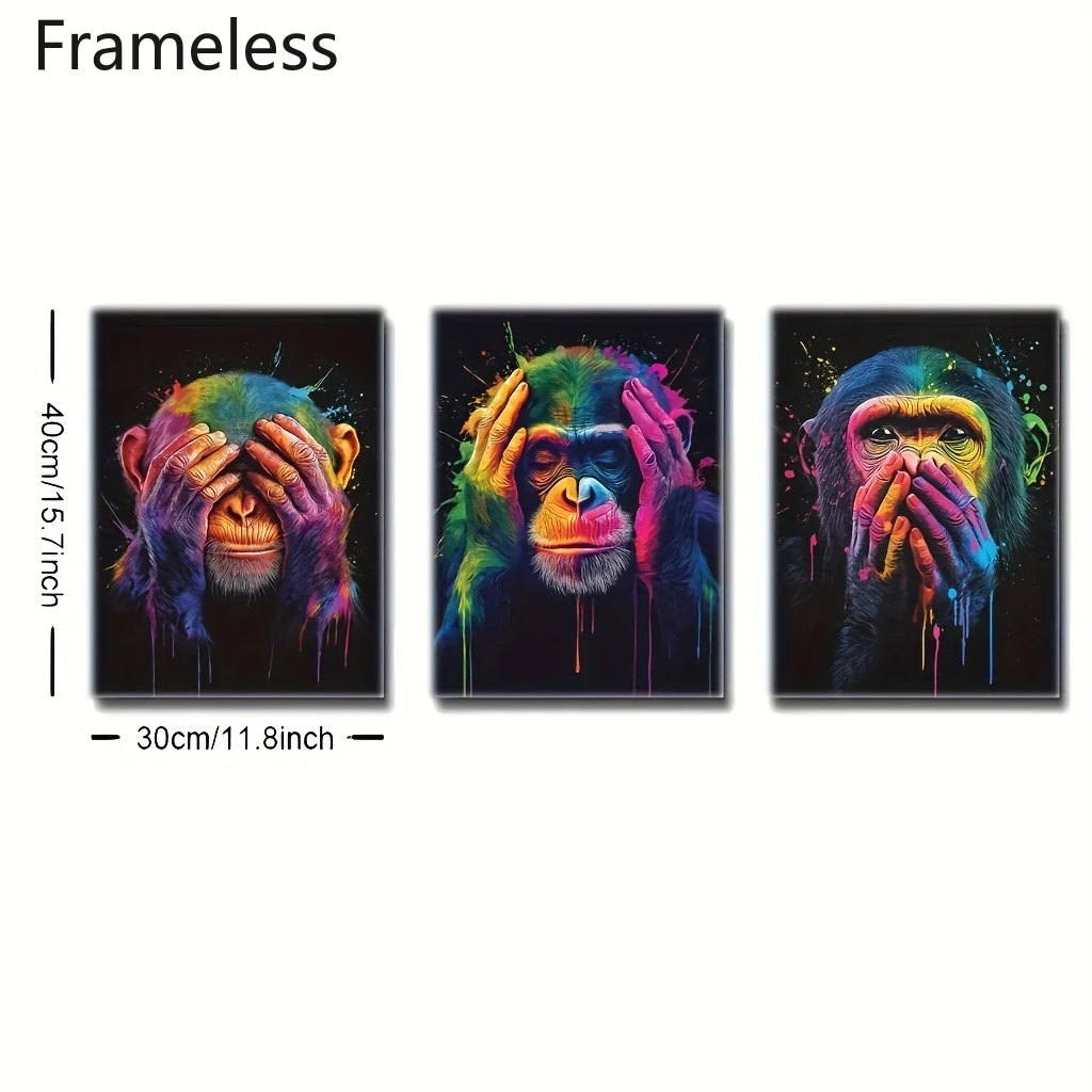 2D Flat 3pcs/set Modern Three Wise Monkeys Canvas Wall Art Poster Frameless Abstract Funny Monkeys Posters for Living Room Decor view 3