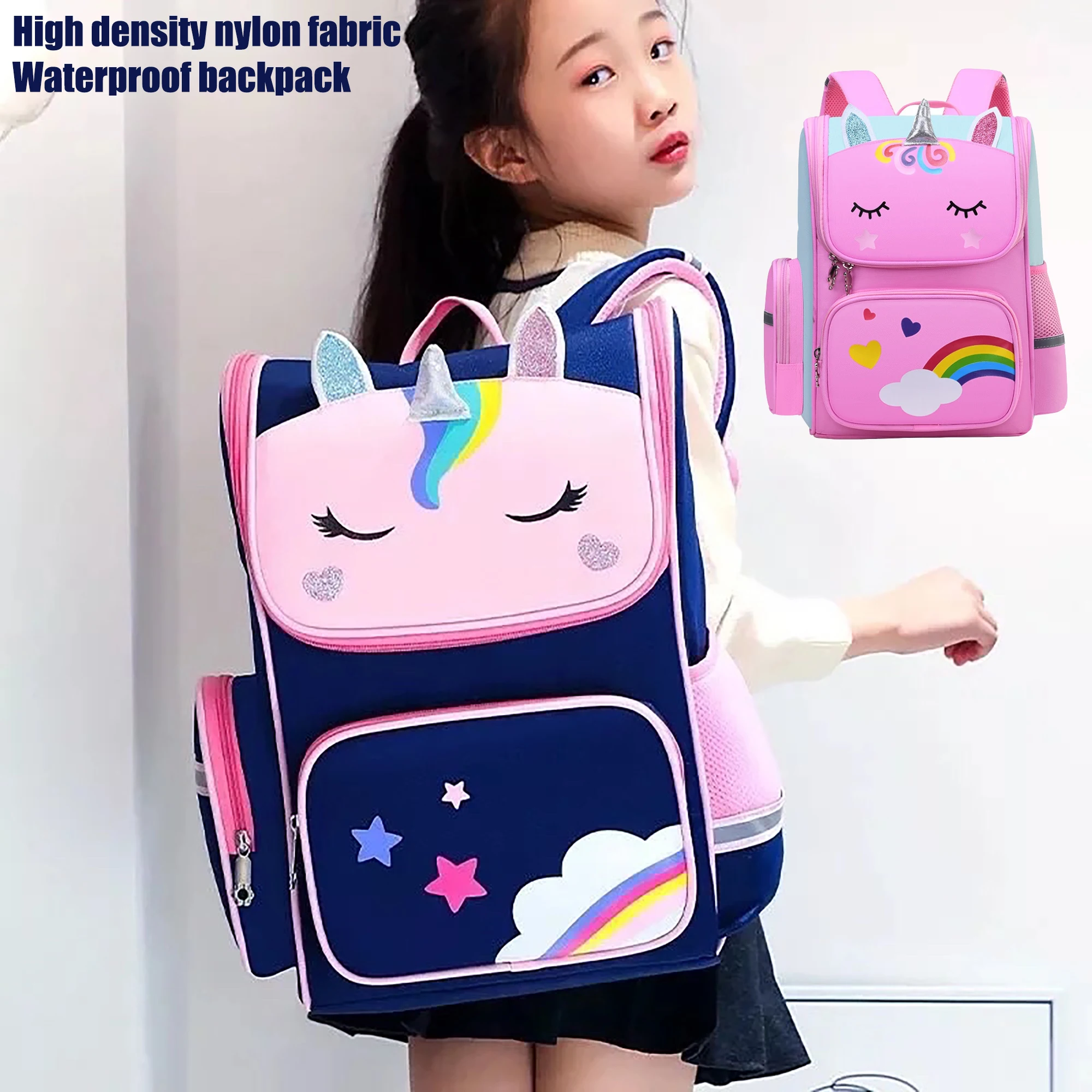 Super cool unicorn waterproof decompression backpack, available in 3 colors with glow in the dark stickers, girls\' favorite back