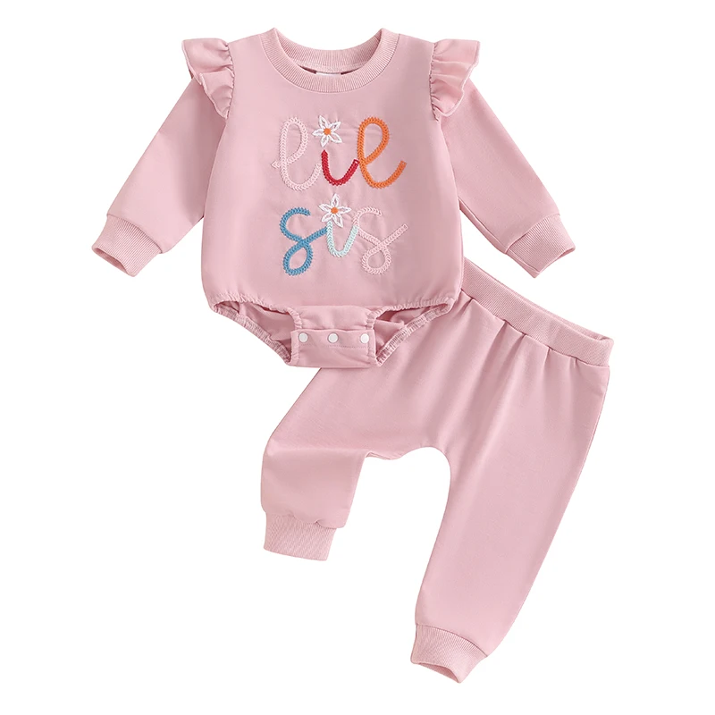 

Baby Girls 2-piece Outfit Long Sleeve Crew Neck Embroidery Letters Flower Romper with Elastic Waist Pants Fall Clothes