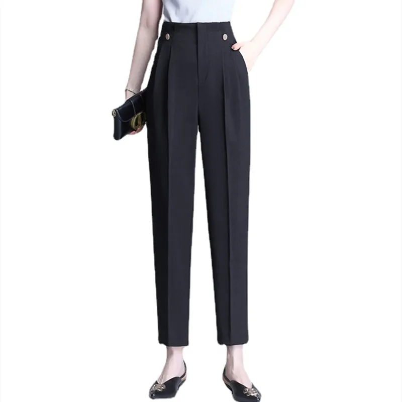 Pants Women 2022 Spring Stretch Solid Suit Trousers Women Black Ankle-length High Waist Oversize Pants with Pocket Woman Clothes