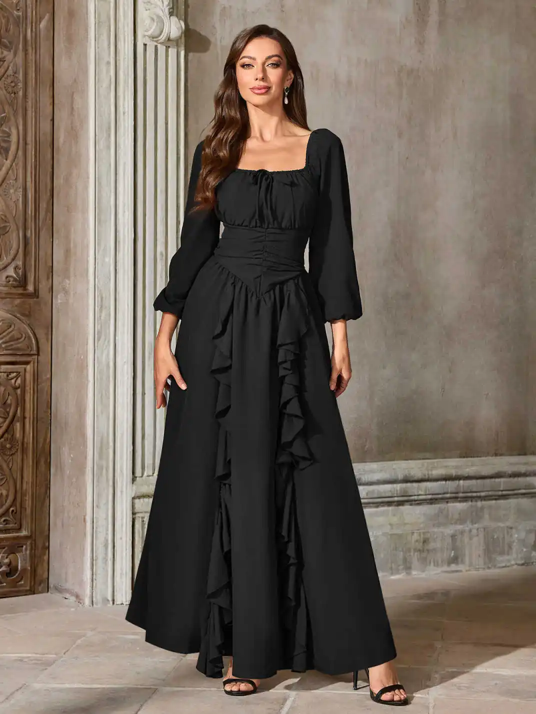 Renaissance Mittelalterkleid Damen Ren Faire Kleid, quadratischer Ausschnitt, lange Puffärmel, gesmoktes Oberteil, Rüschendetails