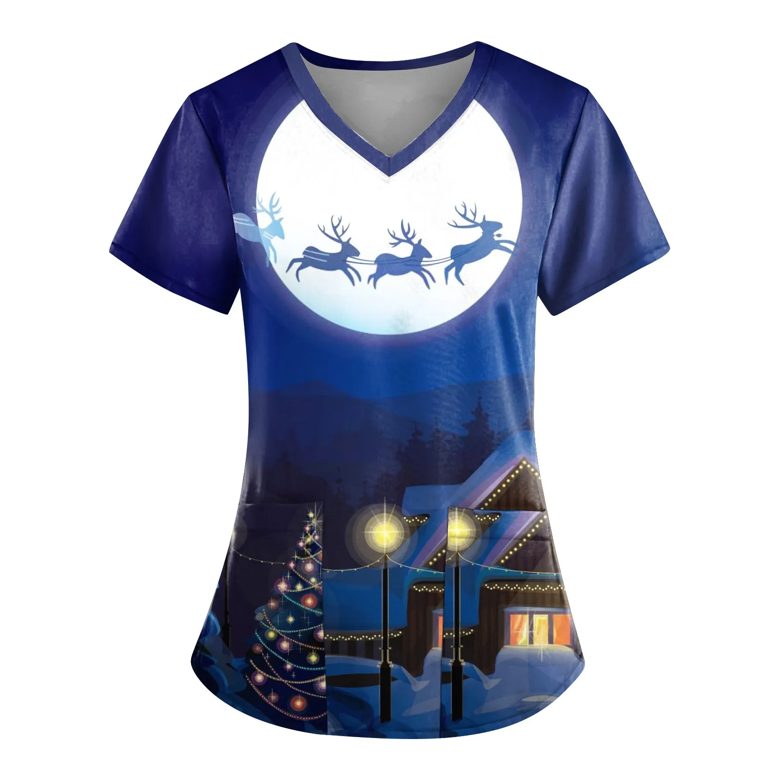 Christmas Snowman Elk 2024 Summer New Cross Collar Women's Top Casual Caregiver Pocket Print Personalized Style WB9